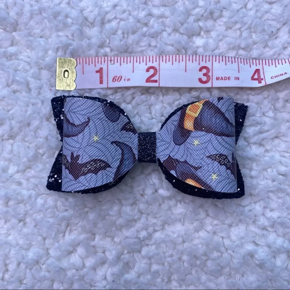 Halloween Black Orange Witches Faux Leather Bow